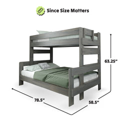 Gray wooden bunk bed with dimensions: 78.5 inches length, 58.5 inches width, 63.25 inches height, featuring green bedding, ideal for maximizing bedroom space.