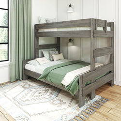 Rustic gray wooden bunk bed with green bedding in a modern bedroom setting.