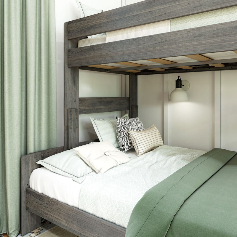 Stylish grey wooden bunk bed with cozy green bedding in modern bedroom.