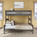 Modern gray wood twin-over-full bunk bed, space-saving farmhouse style with neutral beige bedding and plaid pillows in cozy bedroom