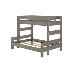 Wooden bunk bed frame with a modern design, featuring a sturdy ladder and slatted base.