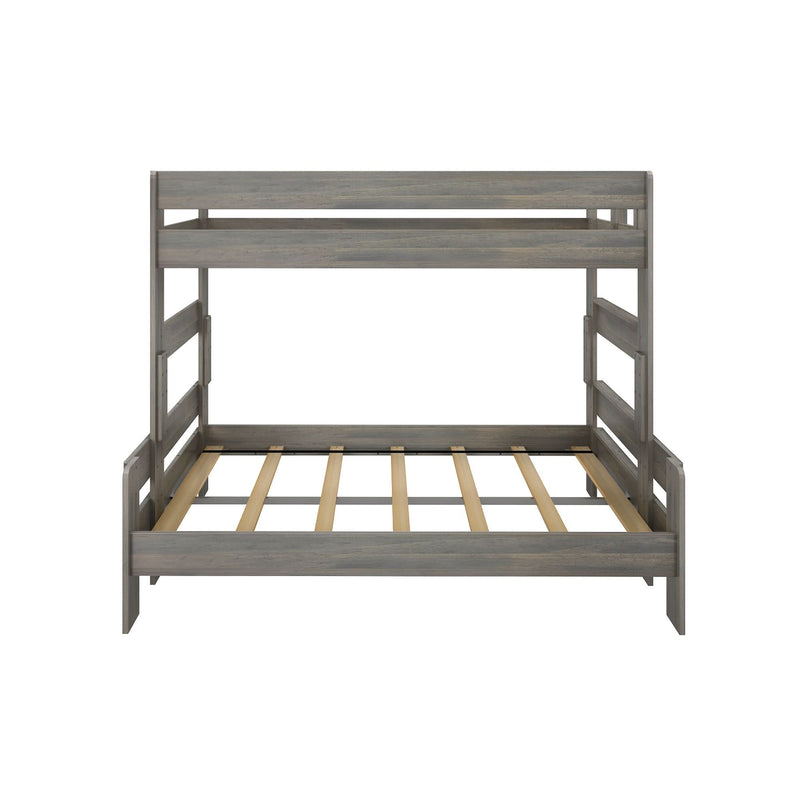 Gray wooden twin over full bunk bed frame with slatted design, ideal for maximizing space in kids' bedrooms.