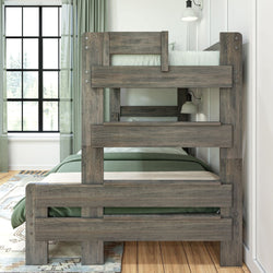 Modern wooden bunk bed in a cozy bedroom with natural light and stylish decor.