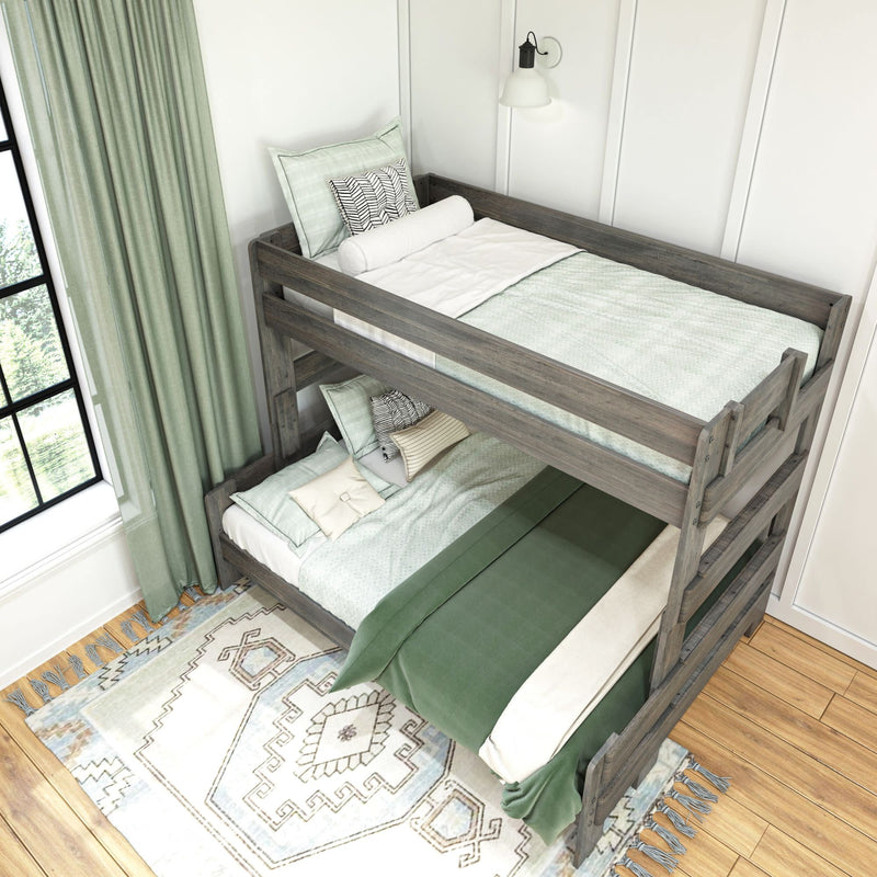 Modern grey wooden bunk bed with green and white bedding in a bright bedroom.