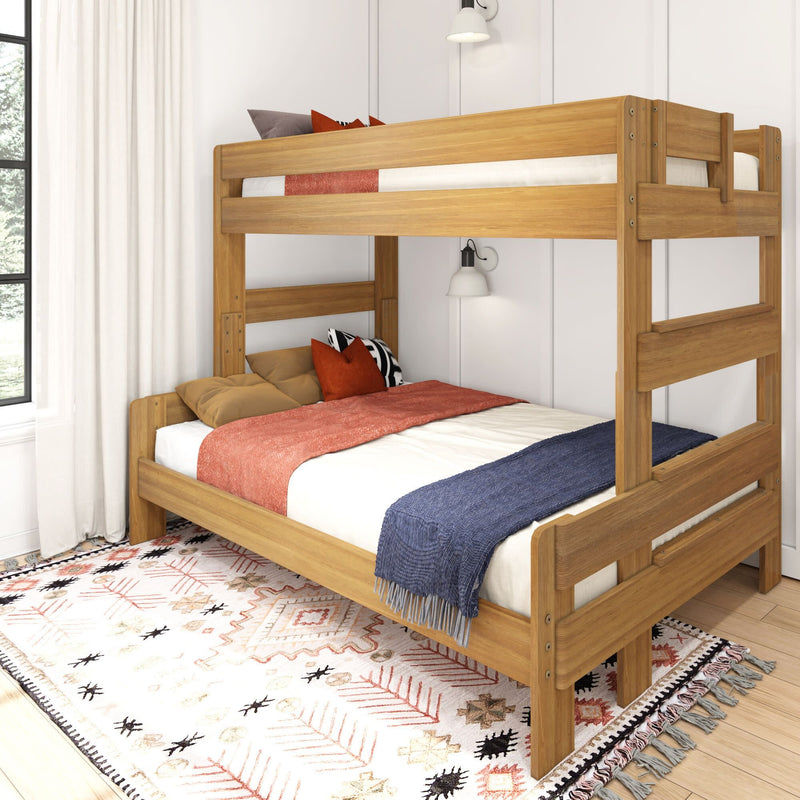 Stylish wooden bunk bed with modern bedding in bright, cozy bedroom.
