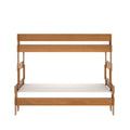 Solid wood bunk bed frame with natural finish and white mattresses, modern space-saving bedroom furniture