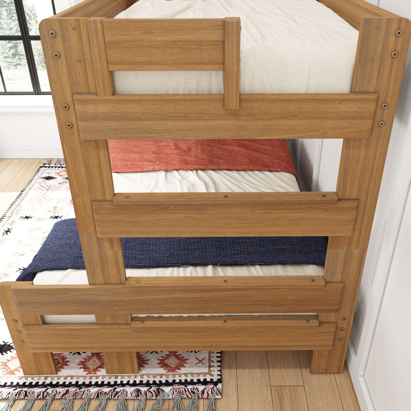 Children's wooden bunk bed with colorful bedding in a bright, cozy bedroom setting, perfect for optimizing small spaces.