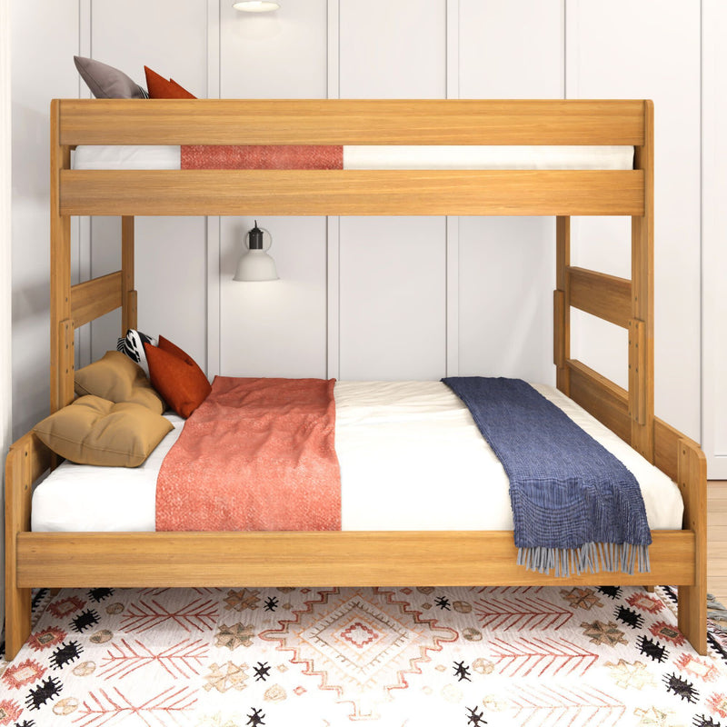 Wooden bunk bed with cozy bedding and decorative pillows in a modern bedroom.