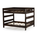 Dark wooden loft bed frame with slatted design for children's bedroom furniture.