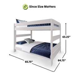 White wooden bunk bed with dimensions, featuring blue and white bedding, with a text overlay stating "Since Size Matters.