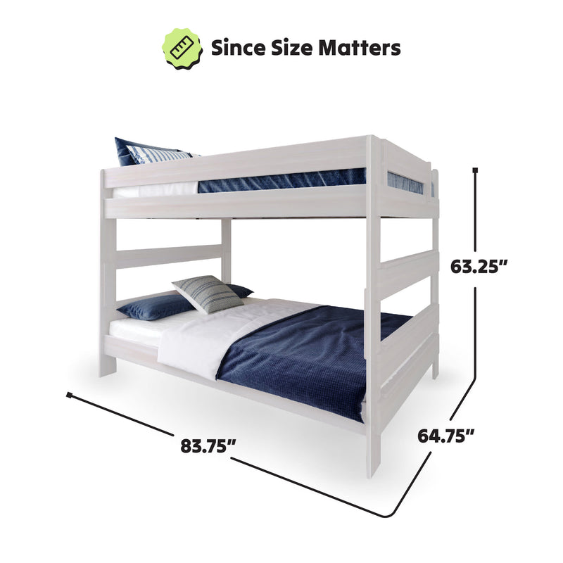 White wooden bunk bed with dimensions, featuring blue and white bedding, with a text overlay stating "Since Size Matters.