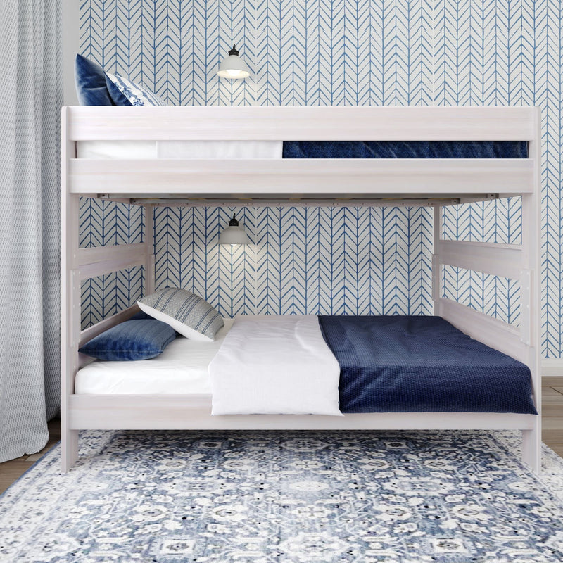 Modern wooden bunk bed with blue bedding and chevron wallpaper in a stylish bedroom.