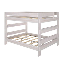 White wooden bunk bed frame with sturdy construction, ideal for kids' rooms and space-saving solutions.