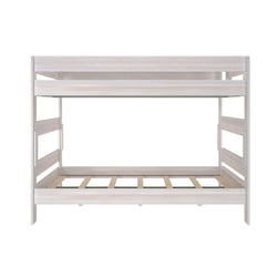 White wooden bunk bed frame with safety rails, ideal for kids' bedroom furniture.