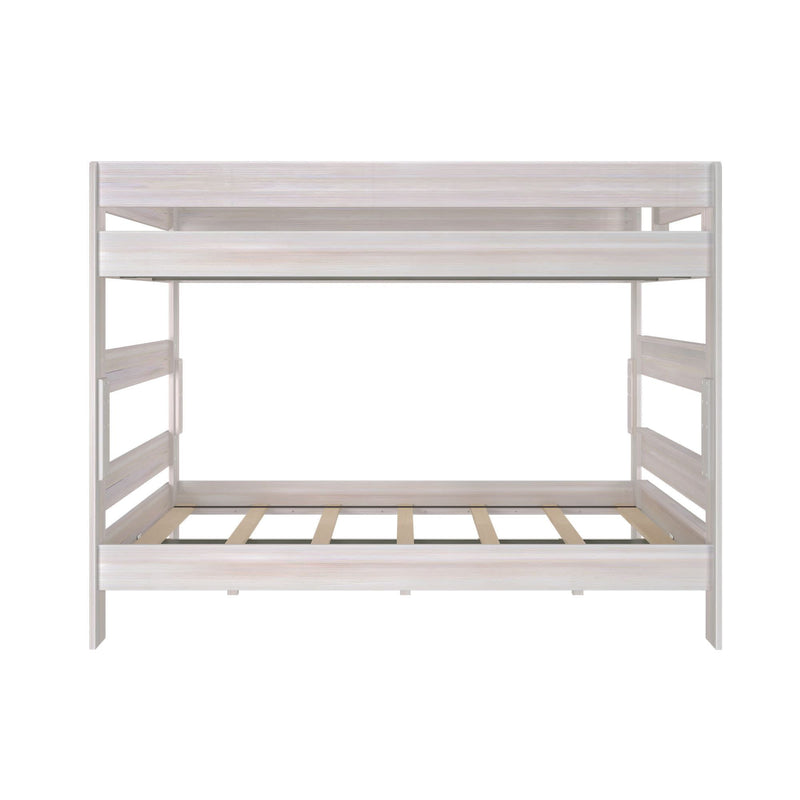 White wooden bunk bed frame with safety rails, ideal for kids' bedroom furniture.