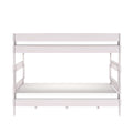 White wooden twin-over-twin bunk bed with guardrails and mattresses, minimalist space-saving kids bedroom furniture on white background