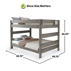 Wooden bunk bed with gray finish and mattress, featuring dimensions: 83.75 inches length, 64.75 inches width, 63.25 inches height for optimal room space.