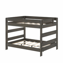 Dark gray solid wood two-tier bunk bed frame with guardrails and slatted mattress supports for space-saving kids' bedrooms