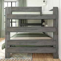 Gray wooden bunk bed with cozy mattress and green bedding in a modern bedroom setting.