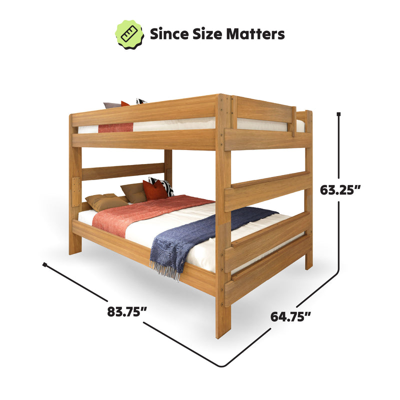 Wooden bunk bed with measurements 83.75 inches by 64.75 inches by 63.25 inches, featuring bedding and pillows, highlighting size importance.