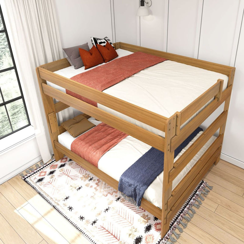 Wooden bunk bed with comfortable bedding and decorative pillows in a bright, cozy bedroom.