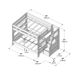 Space-saving wooden bunk bed with integrated storage staircase, guardrails and mattress slats — loft-style double-decker bed measuring 96" L x 58" W x 63" H (245 x 148 x 160 cm)