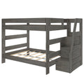 Gray wooden twin-over-full bunk bed with built-in storage staircase and drawers, slatted mattress supports, rustic-modern space-saving kids bedroom loft bed