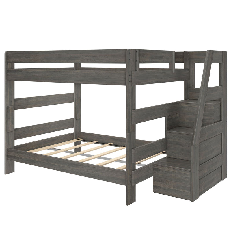 Gray wooden twin-over-full bunk bed with built-in storage staircase and drawers, slatted mattress supports, rustic-modern space-saving kids bedroom loft bed