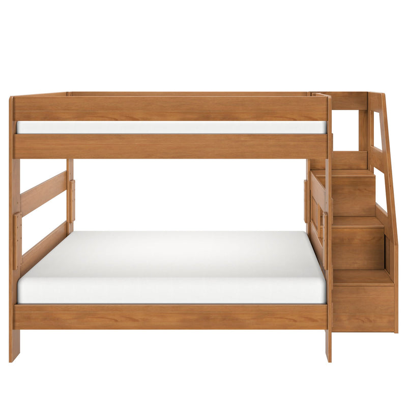 Twin-over-full wooden bunk bed with built-in staircase and storage drawers in natural oak finish, white mattresses — space-saving kids' bedroom furniture