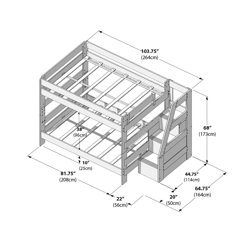 Isometric diagram of a wooden twin-over-full bunk bed with built-in staircase and storage drawers, detailed bunk bed dimensions and measurements in inches and centimeters for assembly and room planning.