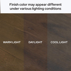 Dark brown wood floor finish shown in three panels under warm light, daylight, and cool light to illustrate how finish color may vary under different lighting conditions