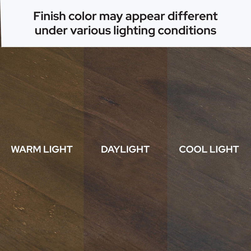 Dark brown wood floor finish shown in three panels under warm light, daylight, and cool light to illustrate how finish color may vary under different lighting conditions