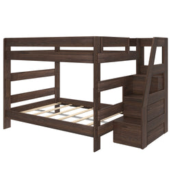 Twin-over-full dark walnut bunk bed with built-in storage staircase, slatted mattress support, and space-saving kids bedroom furniture