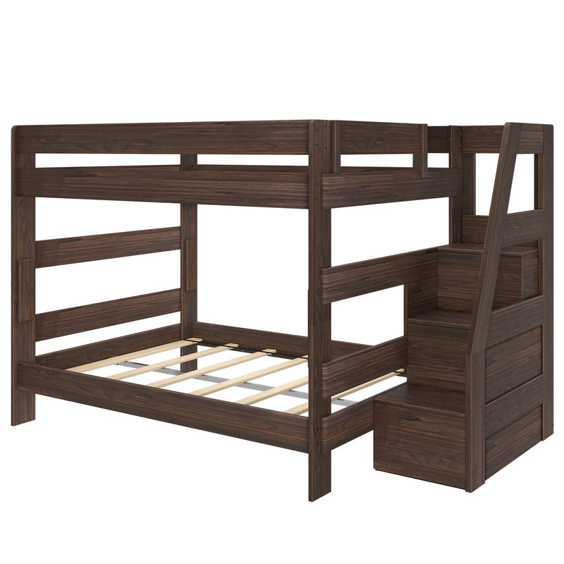 Twin-over-full dark walnut bunk bed with built-in storage staircase, slatted mattress support, and space-saving kids bedroom furniture