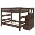 Twin-over-full dark walnut bunk bed with built-in storage staircase, slatted mattress support, and space-saving kids bedroom furniture