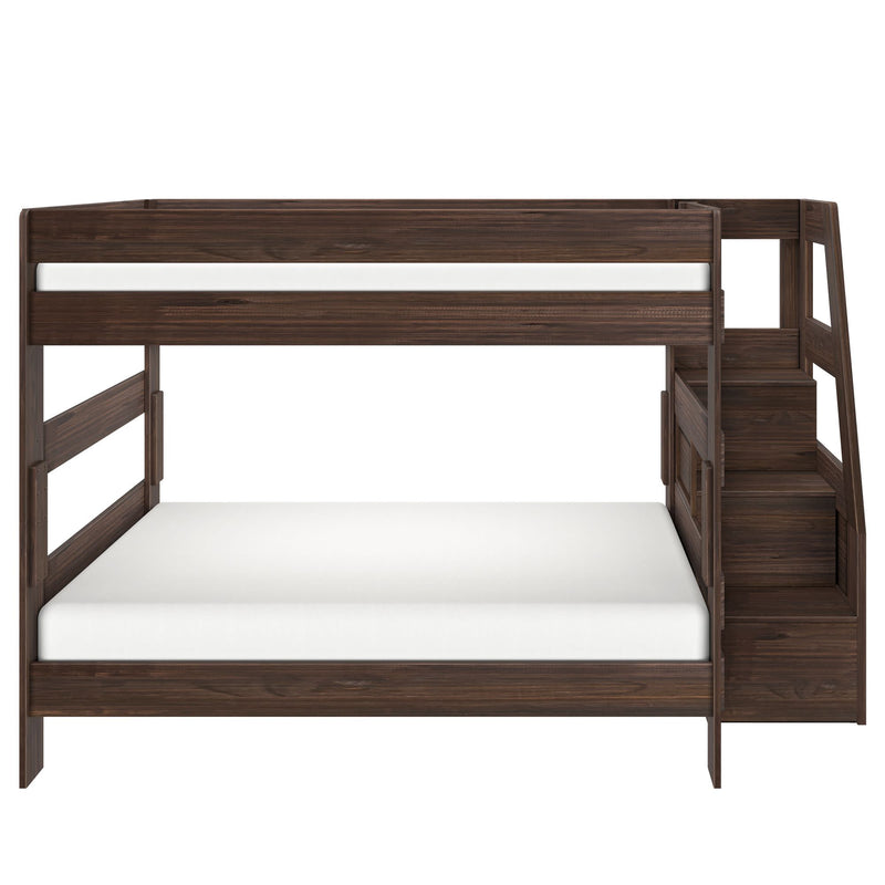 Dark walnut wooden twin-over-full bunk bed with built-in staircase and storage drawers, modern space-saving kids' bedroom furniture