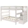 White wooden twin-over-full bunk bed with built-in storage staircase and slatted platform, space-saving kids bedroom furniture