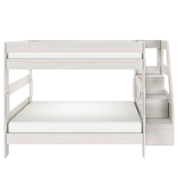 White wooden full-over-twin bunk bed with staircase and built-in storage drawers, modern kids' bedroom furniture