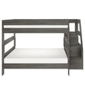 Gray wooden twin-over-full bunk bed with staircase storage and built-in drawers, modern space-saving platform bunk for kids' bedrooms and guest rooms
