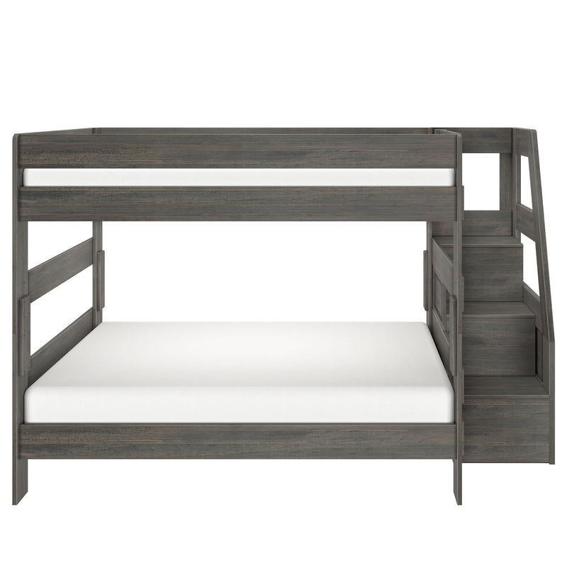 Gray wooden twin-over-full bunk bed with staircase storage and built-in drawers, modern space-saving platform bunk for kids' bedrooms and guest rooms