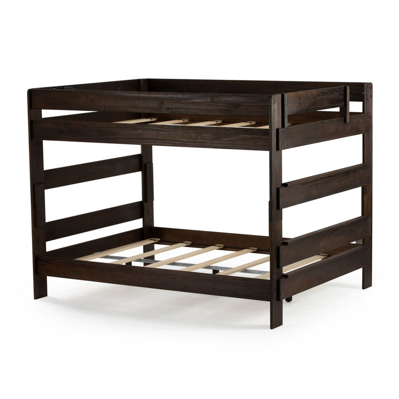 Dark wood frame of a loft bed with open slats for support.