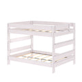 White wooden bunk bed frame with guardrails and slatted mattress supports, space-saving kids furniture
