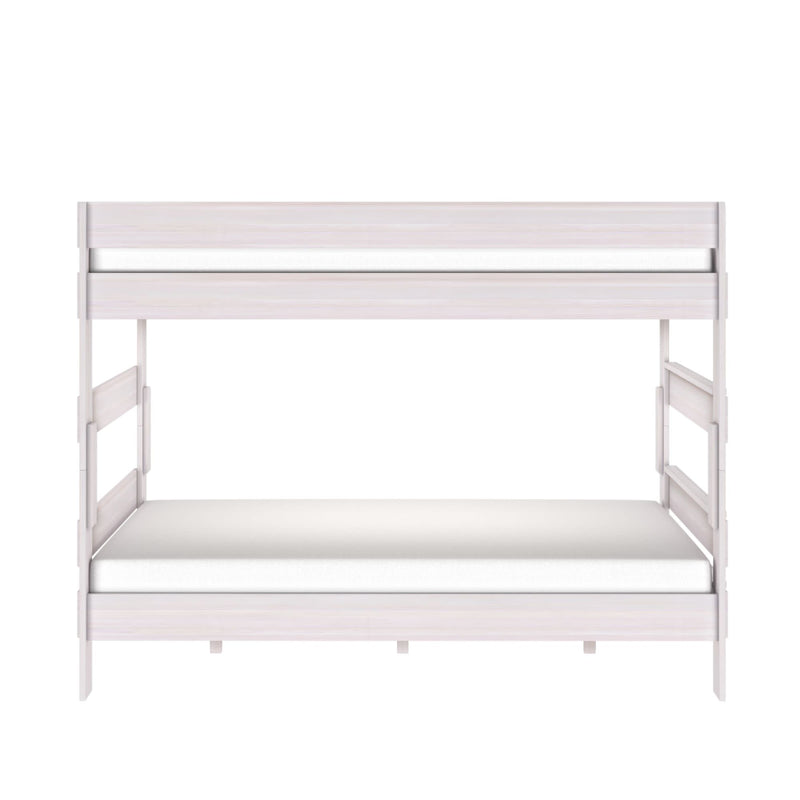 White wooden bunk bed frame with safety guardrails and ladder, minimalist space-saving children's bedroom furniture for small rooms