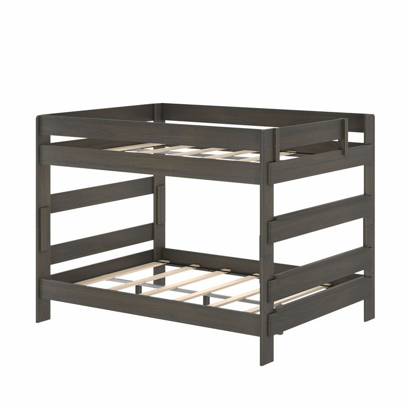 Dark gray solid wood bunk bed with slatted mattress supports and safety rails, space-saving two-level design ideal for kids' bedroom or guest room, modern farmhouse finish