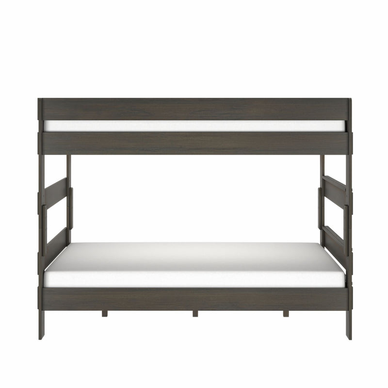 Modern dark wood twin-over-twin bunk bed with full-length guardrails, side ladder and white mattresses, space-saving platform bed for kids and teens
