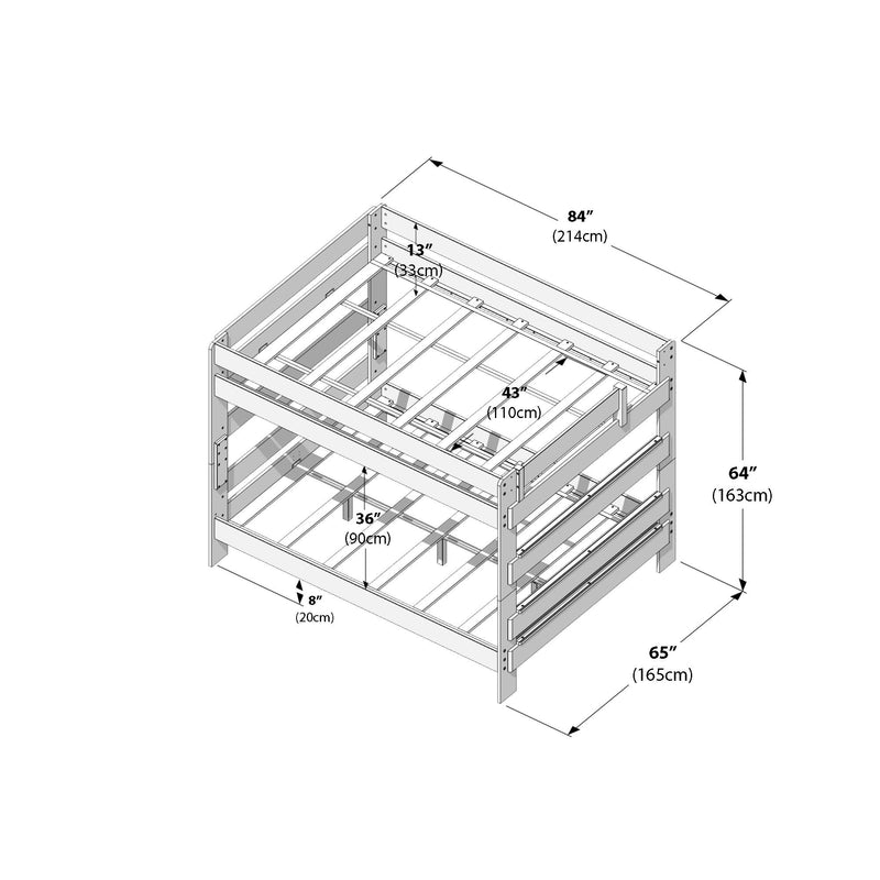 Twin-over-full solid wood bunk bed frame with safety guardrails and slatted mattress supports, technical diagram showing overall dimensions 84×65×64 in (214×165×163 cm) and mattress platform areas 43×36 in (110×90 cm)