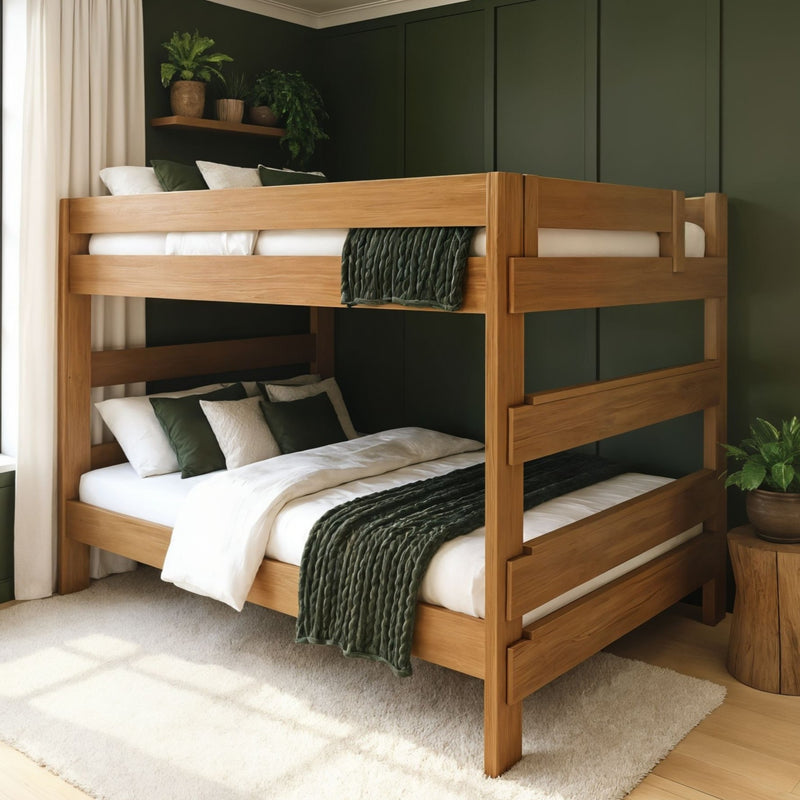 Wooden bunk bed with natural wood finish, green throws and pillows in a modern green-accent bedroom — sturdy solid-wood frame ideal for kids or guest rooms