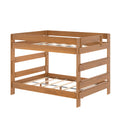 Twin-over-twin solid wood bunk bed frame in natural finish with slatted mattress supports and safety rails, durable kids' bedroom furniture