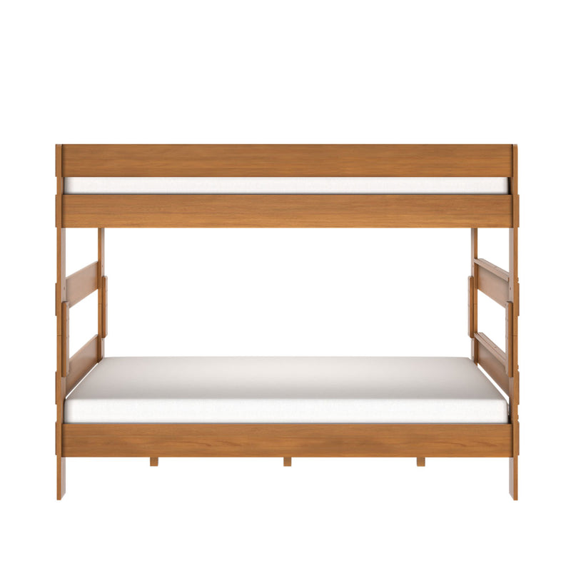 Solid wood twin-over-twin bunk bed in natural oak finish with white mattresses, minimalist platform design and safety rails — space-saving bedroom furniture
