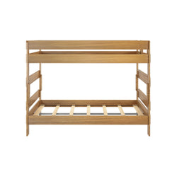 Wooden bunk bed frame made of natural oak with slatted design.